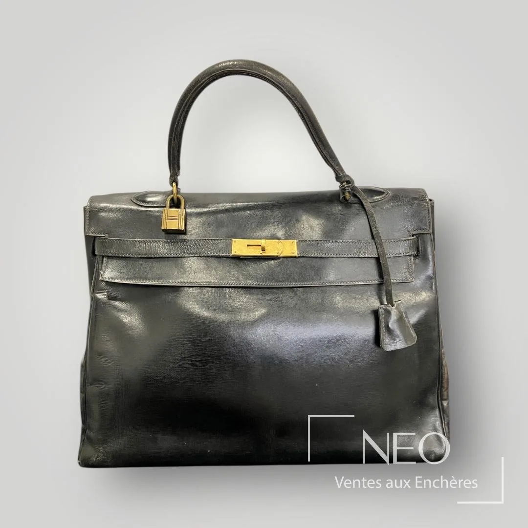 Kelly retourné 35 Hermès en veau box noir vers 1965, coutures rentrées