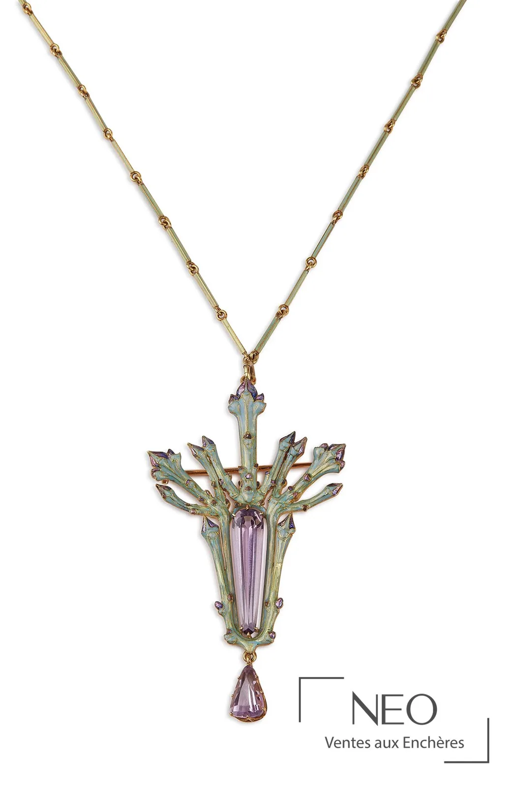 Sautoir Art nouveau de René Lalique en or jaune et émaux opalescents adjugé par NEO Enchères