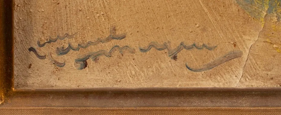 Signature de Jean-Gabriel Domergue en bas à gauche de Femme au chapeau