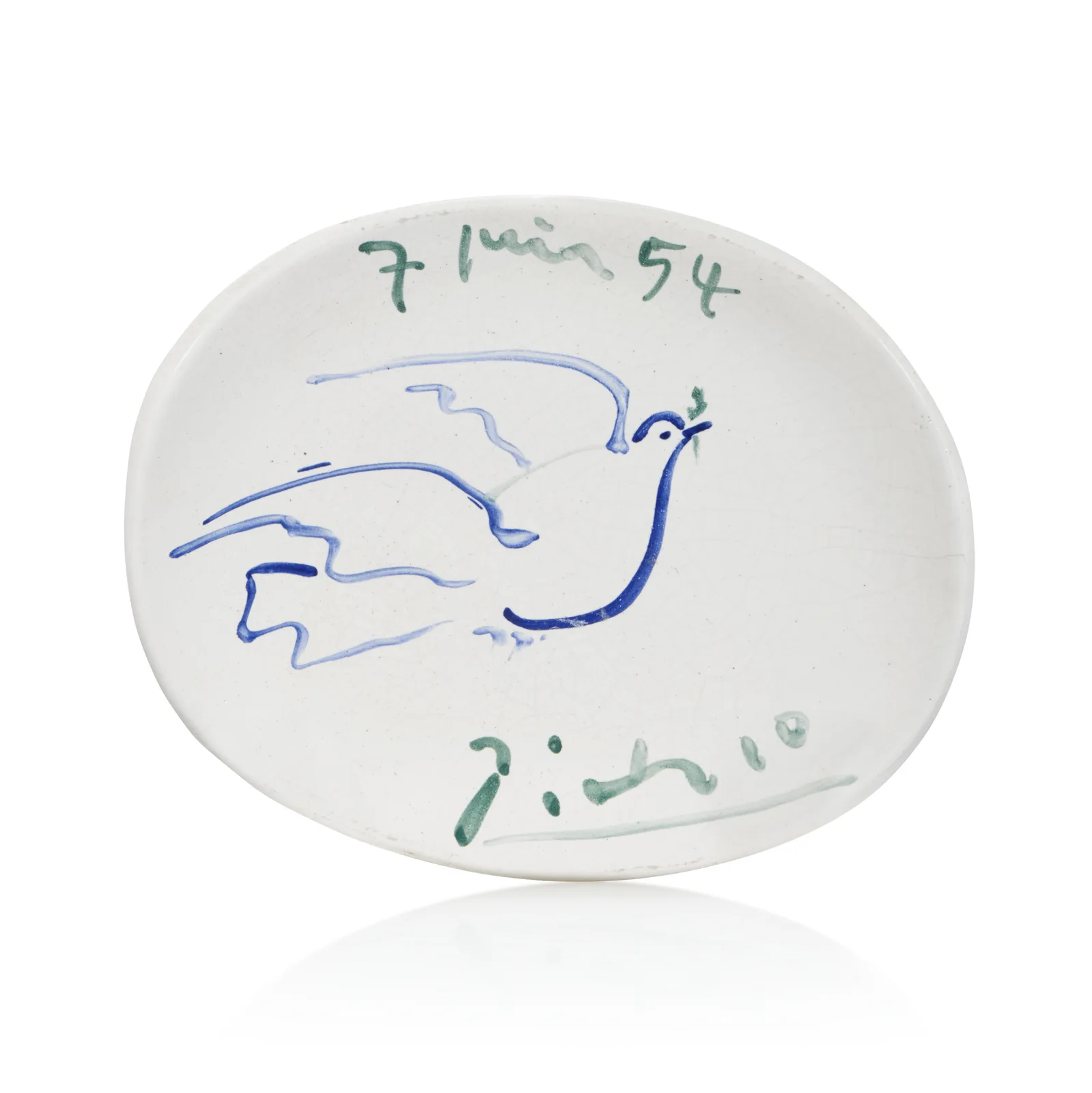 Assiette ovale Colombe de la paix peinte par Picasso, signée et datée 7 juin 1954, pièce unique
