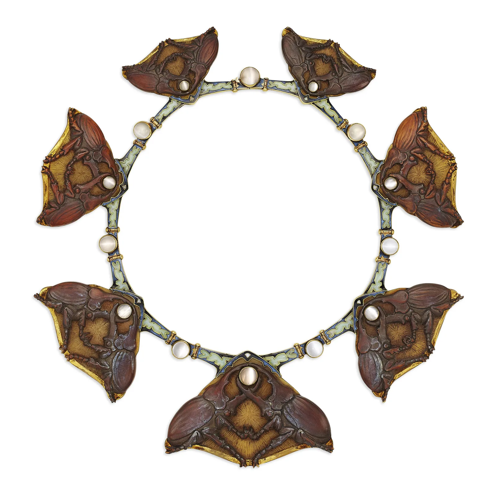 Collier Art nouveau de René Lalique en corne sculptée de scarabées, pierres de lune et émail sur or