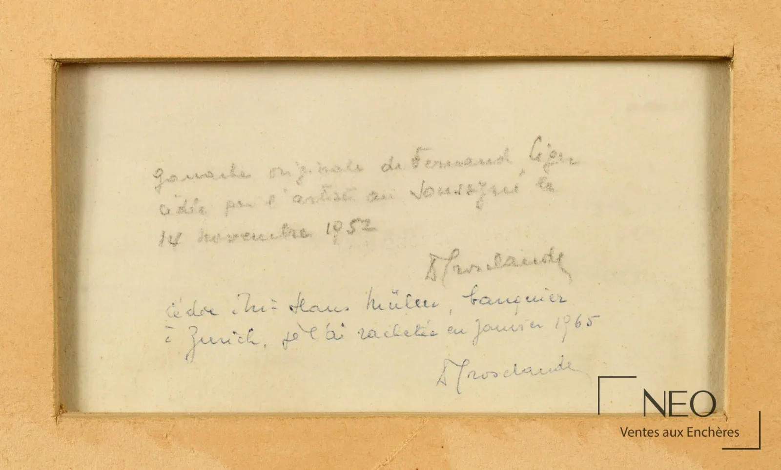 Dos de la gouache La table jaune de Fernand Léger, inscription manuscrite de Louis Grosclaude datée 1952