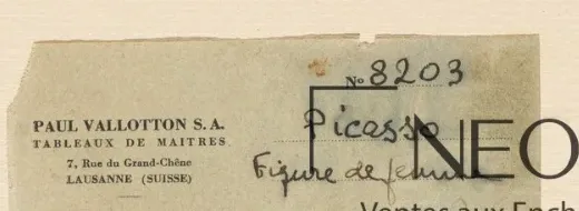 Étiquette de la galerie Paul Vallotton à Lausanne, numéro 8203, au dos d'un dessin de Pablo Picasso