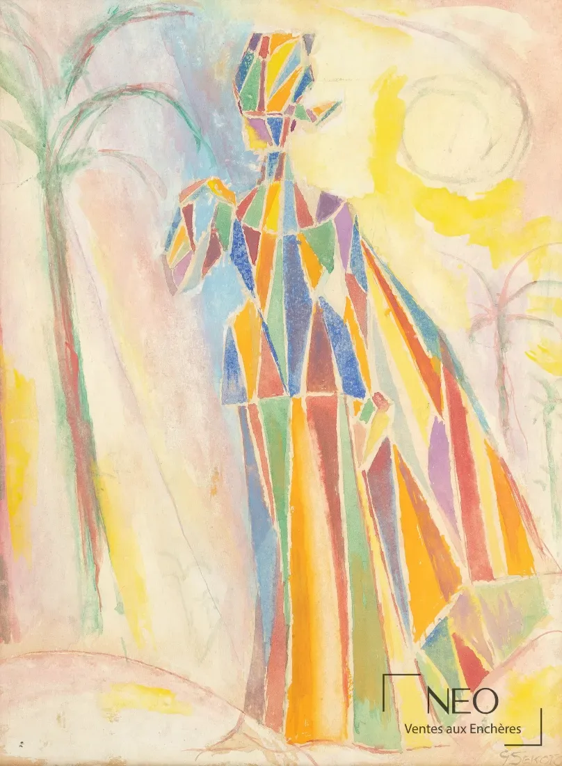 Gérard Sekoto, Femme à la robe colorée, technique mixte sur papier, adjugée 4 160 € par NEO Enchères