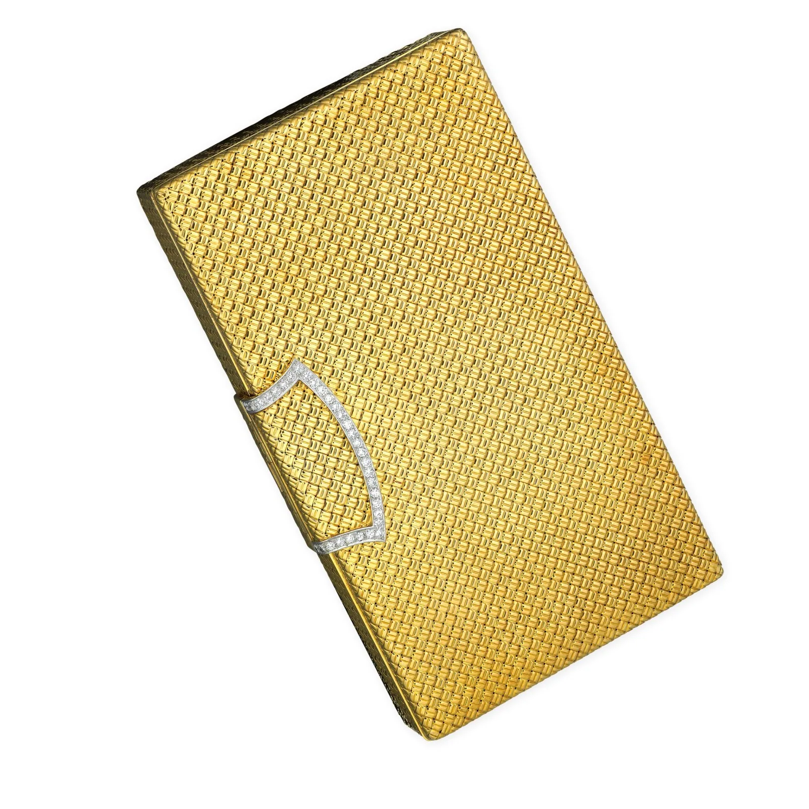 Minaudière Van Cleef & Arpels en or tressé et diamants photographiée fermée