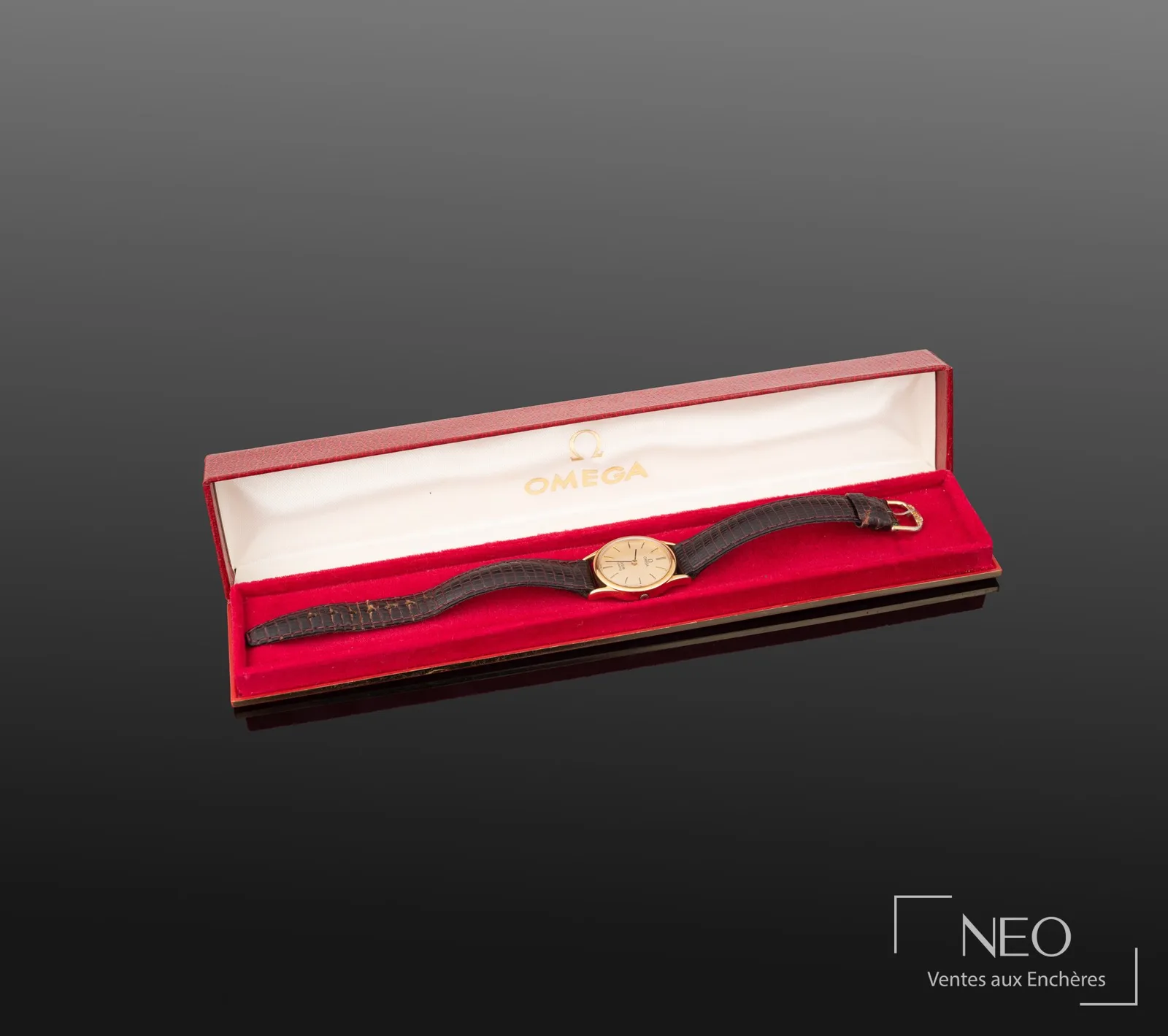 Omega De Ville de dame présentée dans son écrin rouge