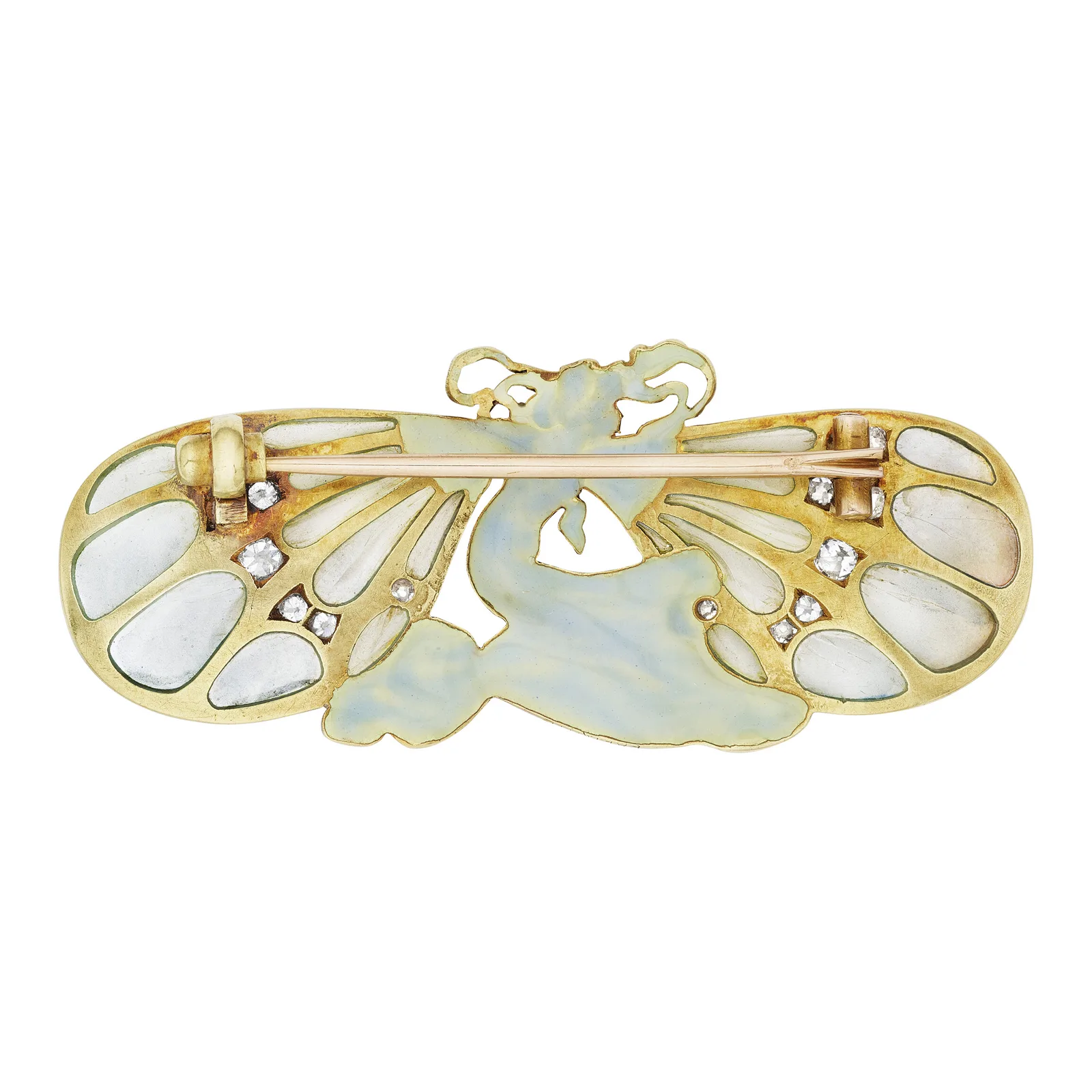 Revers d’une broche René Lalique en émail plique-à-jour et diamants, figure ailée