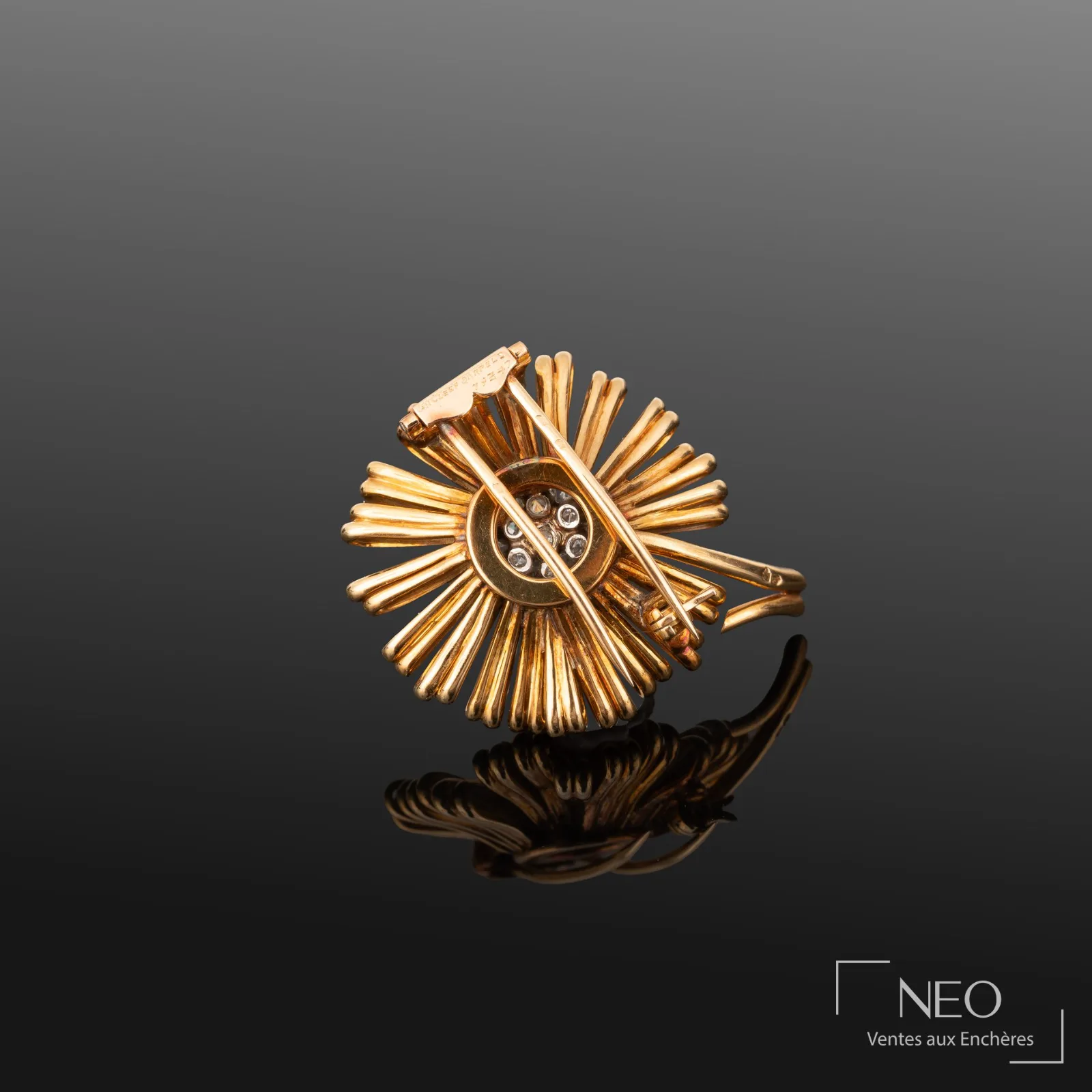 Revers d’une broche Van Cleef & Arpels montrant le système à double épingle