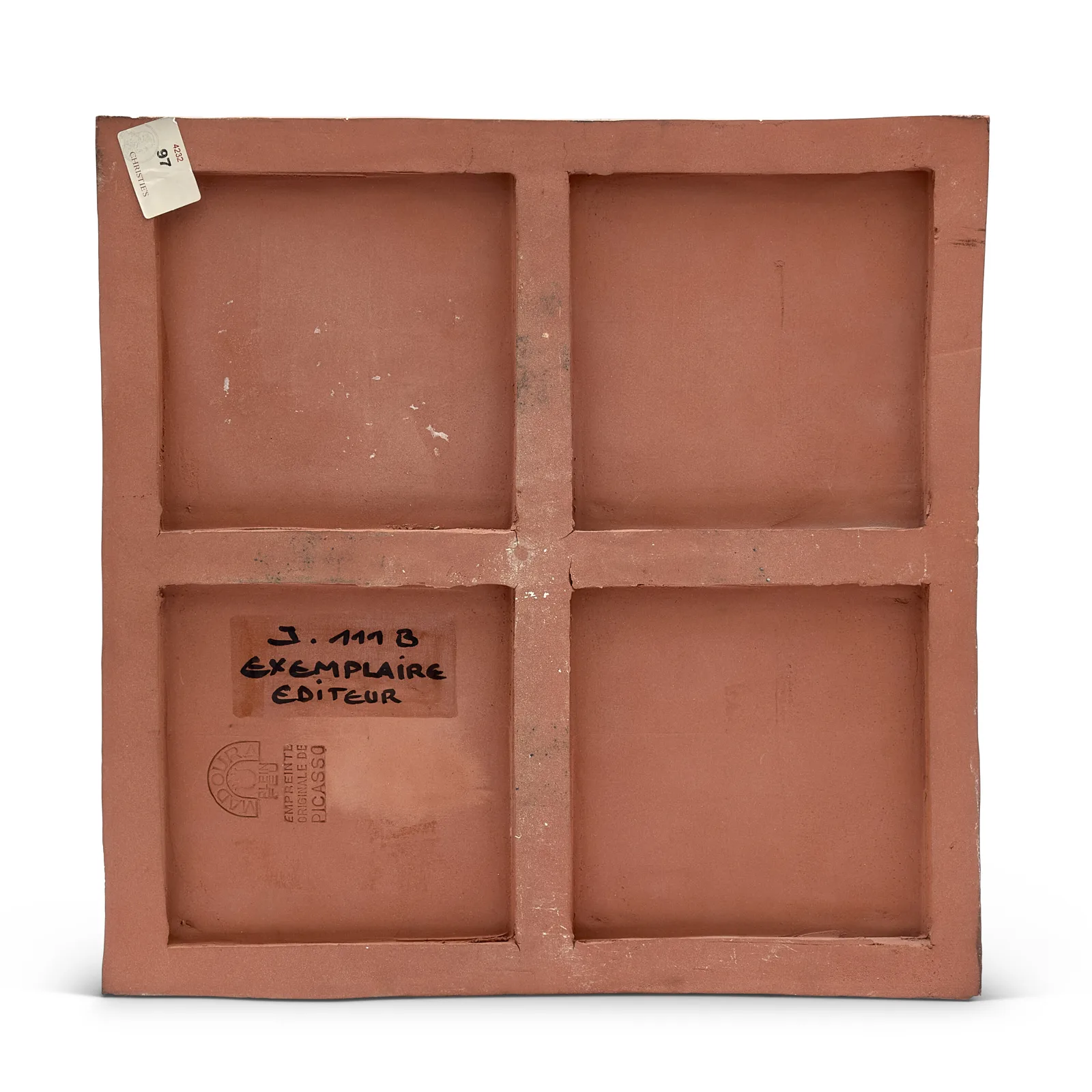 Revers d'une céramique Picasso marquée Exemplaire éditeur, Empreinte originale de Picasso et Madoura plein feu