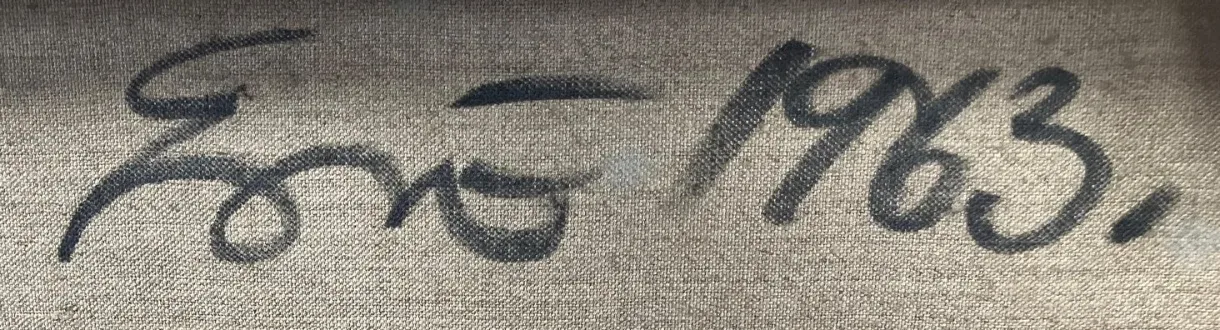 Signature Erró 1963 au dos d'une toile d'Erró