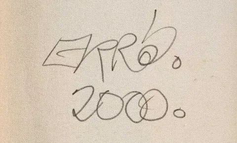 Signature Erró 2000 au crayon au dos d'une toile d'Erró