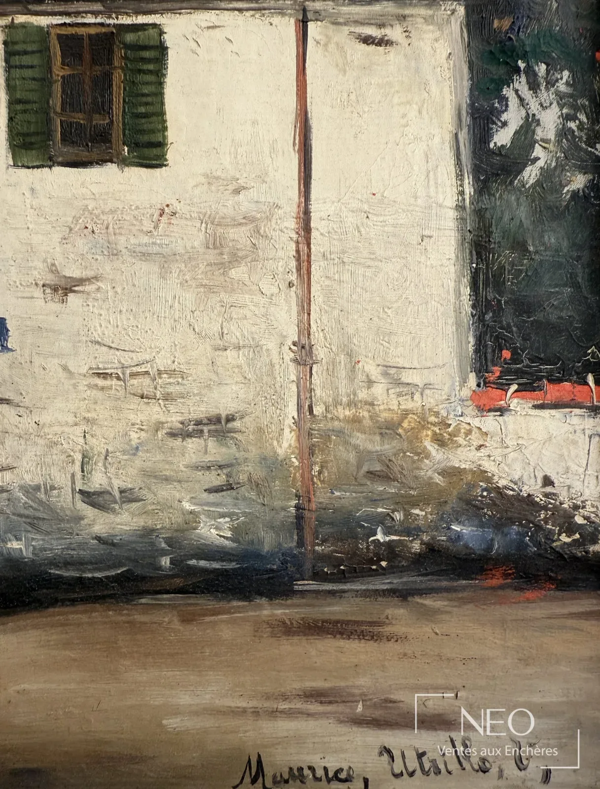 Signature Maurice, Utrillo, V, et détail de la matière sur la maison de Berlioz de Maurice Utrillo